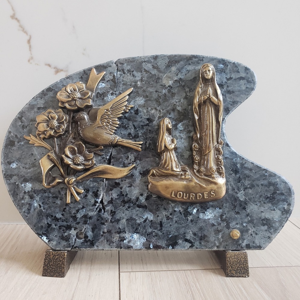 Antique Lourdes Virgin Mary Bernadette Granite Plaque Bronze Religious Memorial